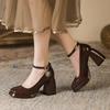 99 Mary Jane shoes autumn new fashion thick heel one-word buckle with square head waterproof table high heels