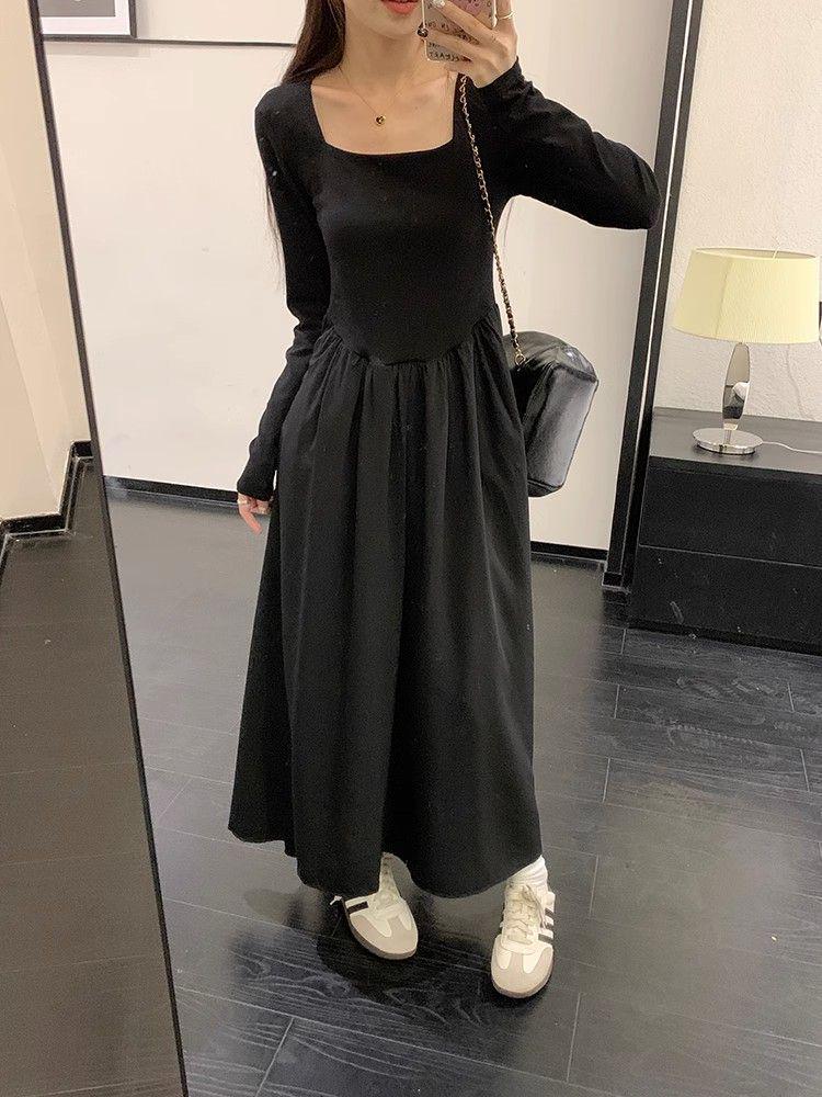Women's French Black Pleated Square Neck Long Sleeve A-line Dress, Slim Fit Cinched Waist, New for Spring 2026