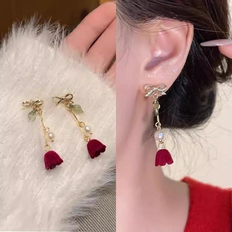Red Ribbon Bow-knot Vintage Stud Earrings For Women Korean Fashion Autumn Winter Simple Bow Red Stud Earrings Geometric Earring