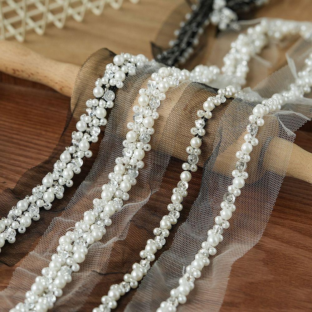 Breite 3,5/4cm Perlenbesetztes Band Strass-Spitzenbesatz Dekoration Applikation Besatzband DIY Nähen