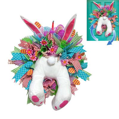 Electric Easter Bunny Wreaths for Front Door Handmade Easter Rabbit Mesh Bow Garland Plush Bunny Butt Door Ornament Spring Party Supplies