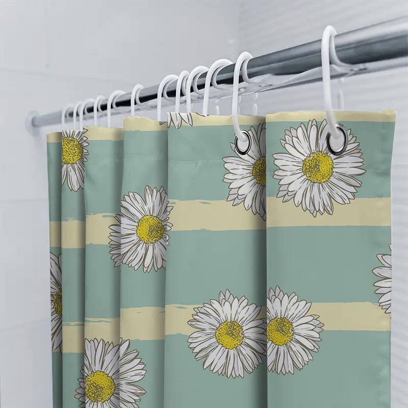 Chic Floral Print Shower Curtain with Yellow Stripe Bath Decor Luxury Waterproof Home Decoration Modern Bathroom Accessories F