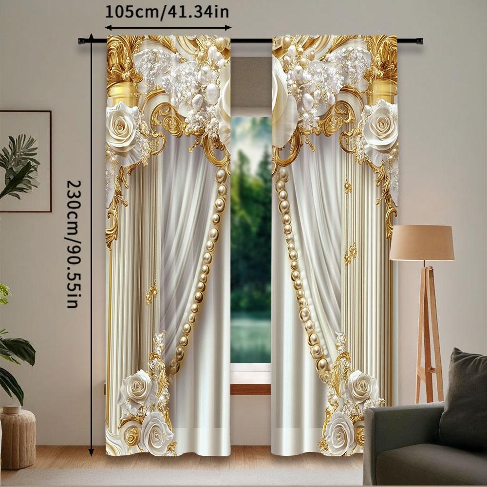 2Pcs Gold And White Curtains With Elegant And Chic White Flowers Suitable For Living Room Dining Room Kitchen Bedroom Bathroom