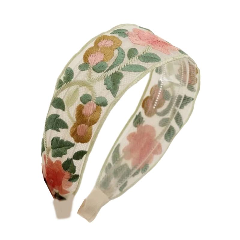 Hand-Made Cotton Linen Hairband Intricate Embroidery Blossom Design Adjustable Wide Band Unisex Hair Accessory