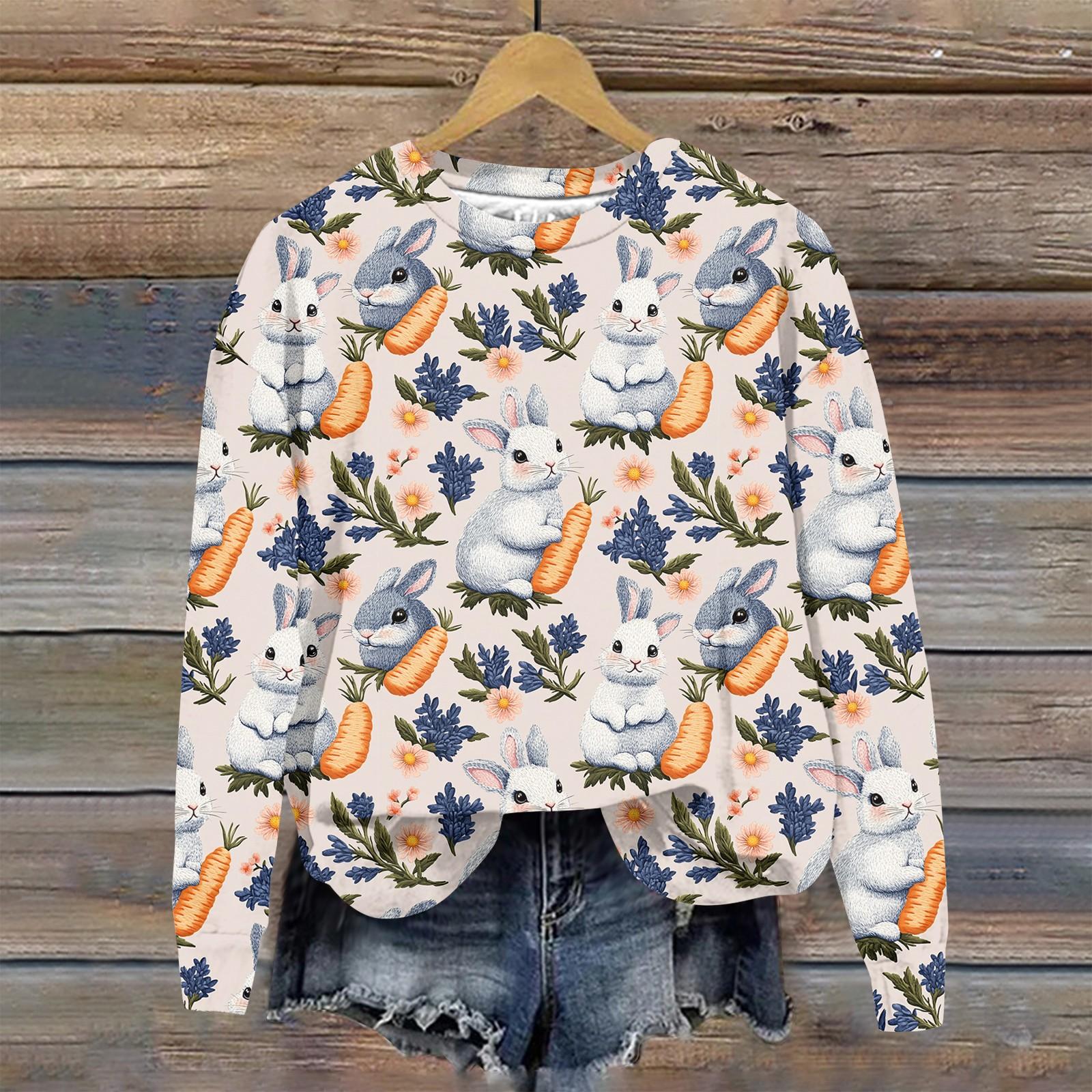 

Женская мода Пасха Печатный Длинный рукав Свободный круглый вырез Толстовка Топ S