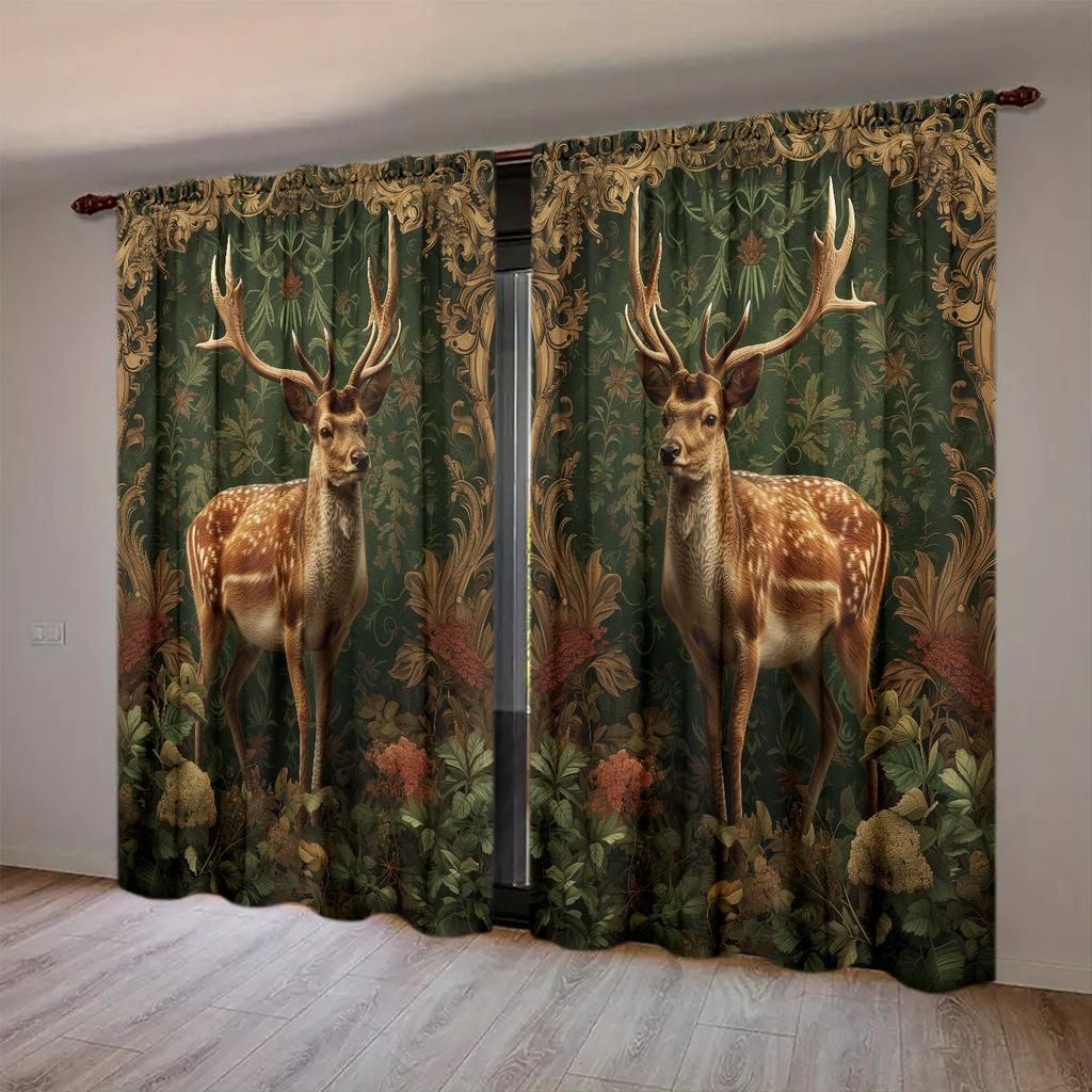 2pcs Sika Deer Printed Curtain for Home Decor - Rod Pocket Window Treatment for Bedroom, Office, Kitchen, Living Room, and Study