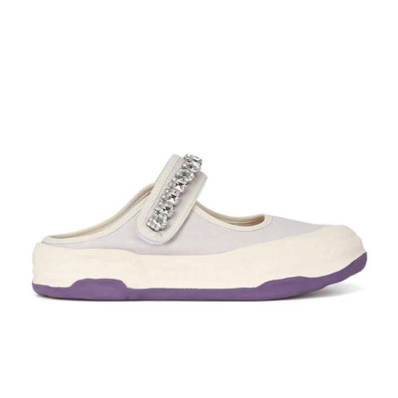 Sheepskin version dissolved shoes rhinestone word with Velcro big shallow mouth Mary Jane half drag canvas shoes women