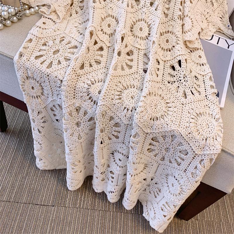 DIMANAF 2024 Neue Sommer Frauen Lange Gestrickte Kleid Ärmel Grundlegende Spitze Kleider Beiläufige