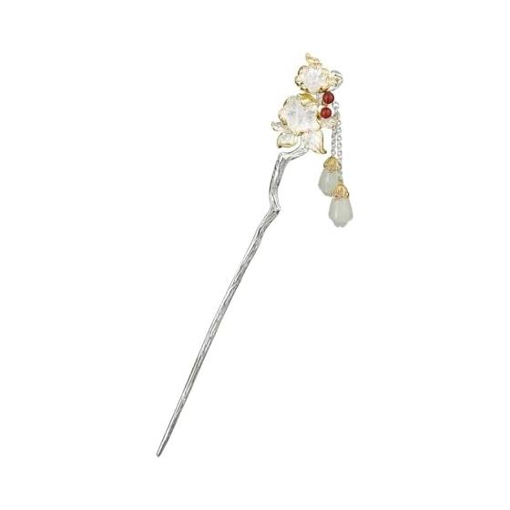 Miaomyao Hairpin, Single Stick Hair Accessory for Kimono/Yukata, Pearl Jade, Silver,  Golden Branches and Jade Leaves  Design, Elegant & Auspicious
