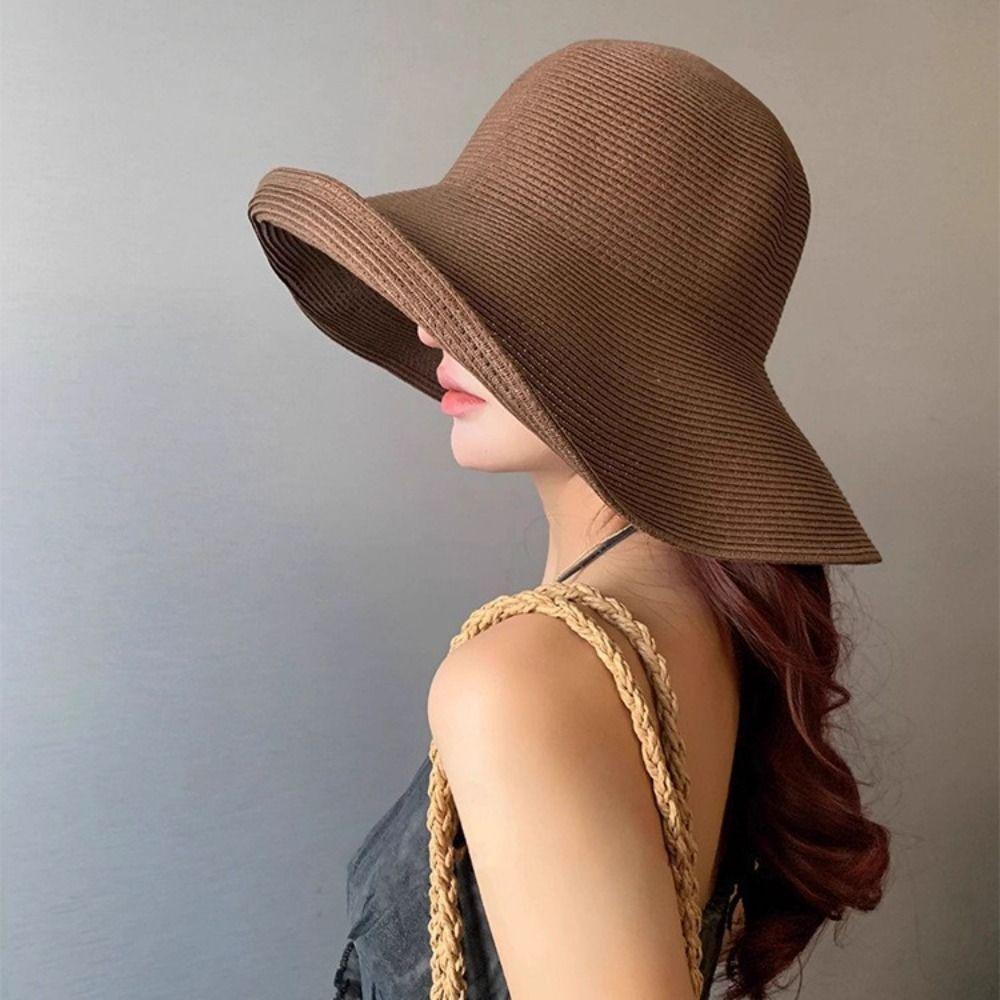 Solid Color Wide Brim Straw Hat Breathable UV Protection Cap Comfortable To Wear Beach Hat  Summer