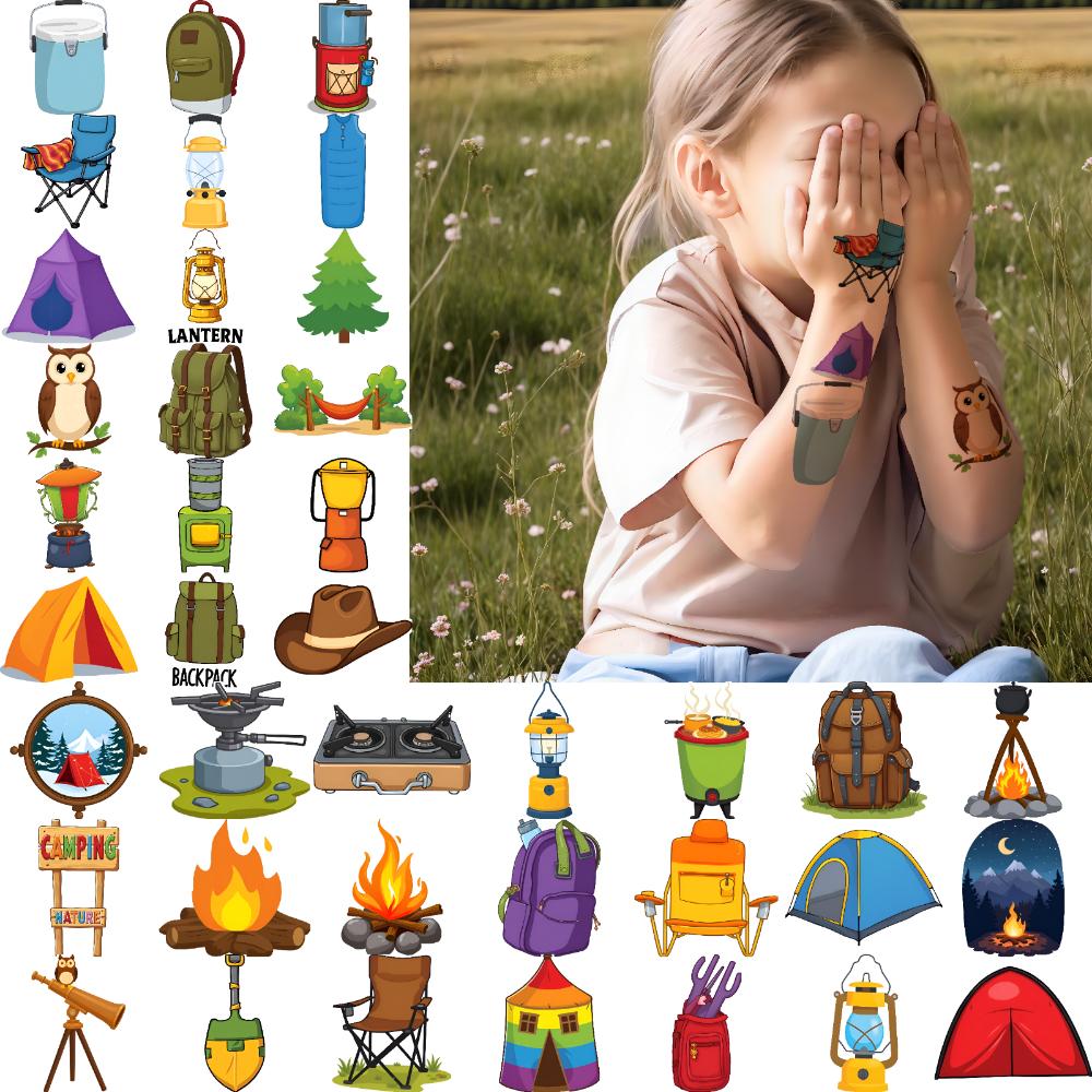 63pcs Temporary Tattoo Campfire Lantern Cartoon Camp Tent Backpack Waterproof Long-lasting Body Stickers For Cheeks Shoulders