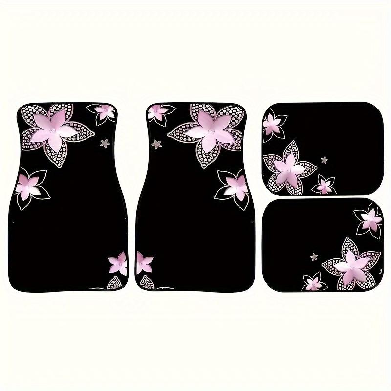 [4pcs Pink Floor Mats] 4pcs Pink Flower Pattern Print Car Floor Mats Set- Universal Fit Front& Rear Full Coverage Auto Interior