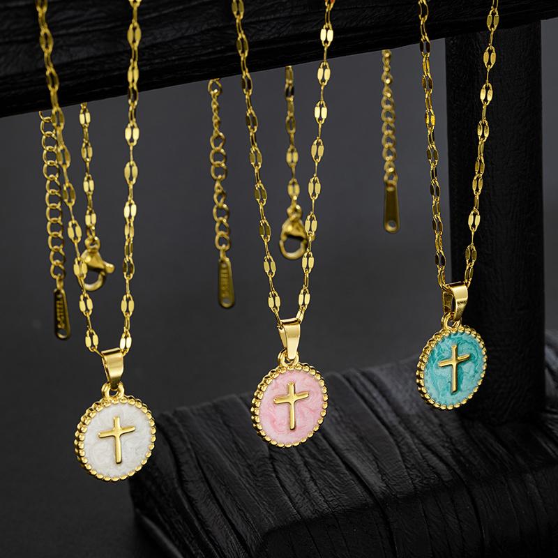 Stainless Steel Cross Pendant Necklace for Women Men Simple Round Colorful Drop Oil Necklace Vintage Punk Versatile Jewelry Gift