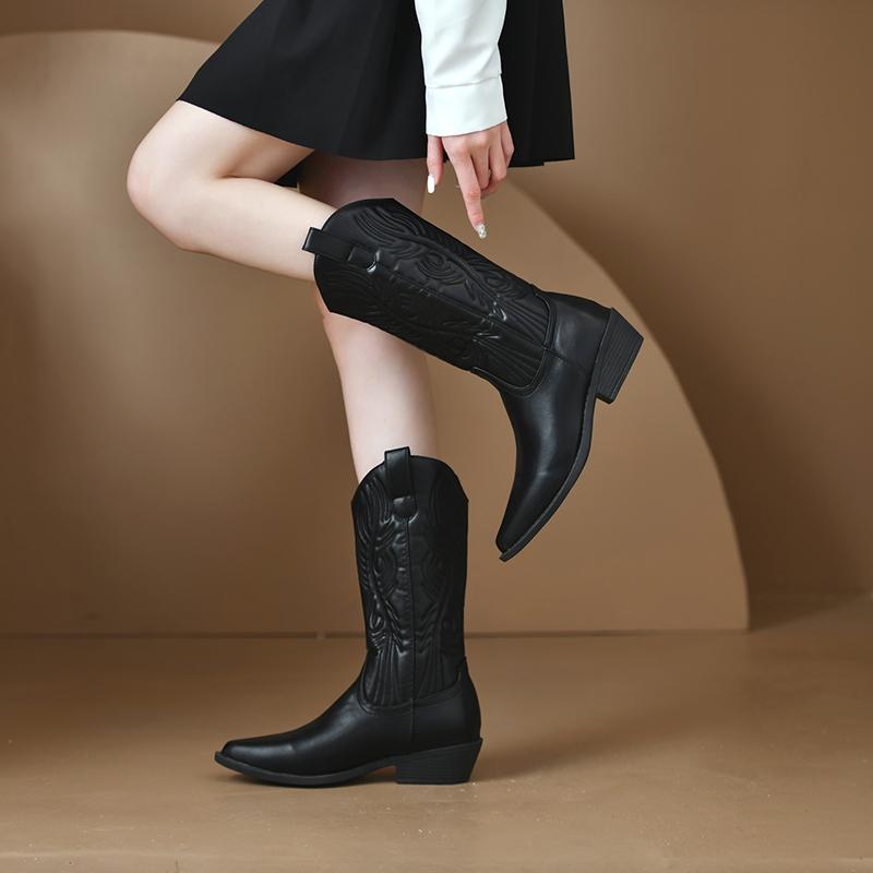 

Vintage Pointed Thick Heel Embroidered Western Denim Women s Boots