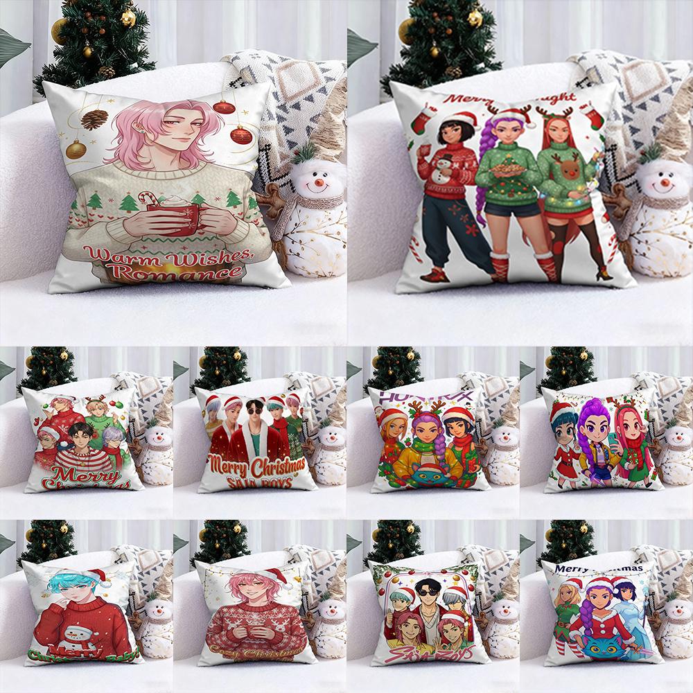 KPop Demon Hunters Christmas is cute and fun!Three girls and cute cats in the same frame pillowcase fashion home decoration