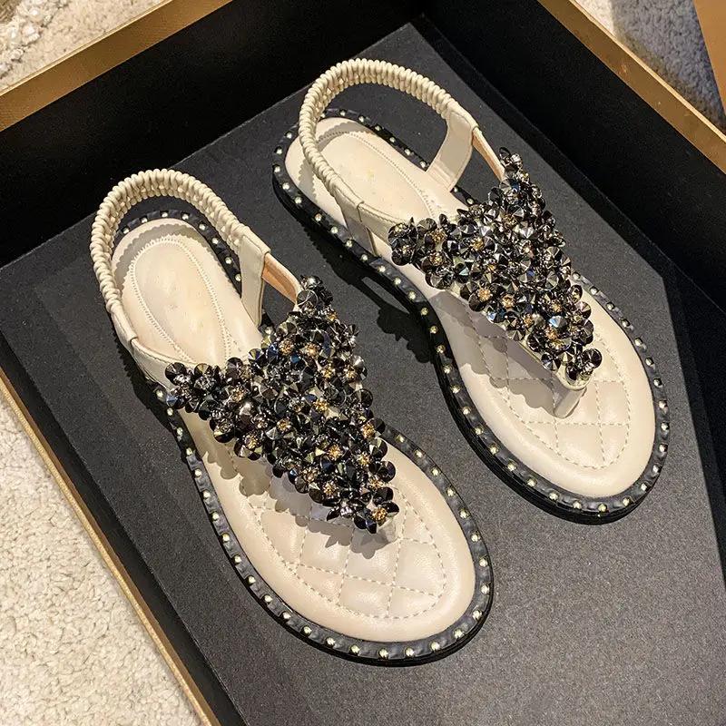 Fashion Sandals for Women Summer 2024 Rhinestones Beach Ladies Shoes Diamond Footwear Open Toe Comfort Comfortable and Elegant Vip F H