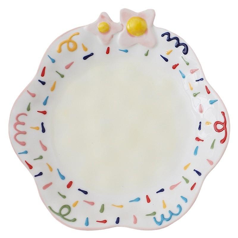 Hand-Painted Relief Flower Ceramic Plate, Breakfast Plate, Dessert Plate, Household Dish Plate, Cute Fruit Plate, Pasta Salad Plate