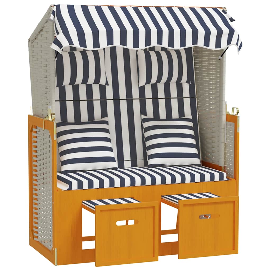 Strandkorb mit Kissen Poly-Rattan & Massivholz Weiß & Blau