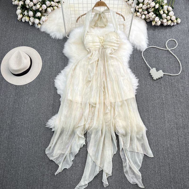 

Chic Open Back A- line Fairy Dress Seaside Vacation Halterneck Apricot S