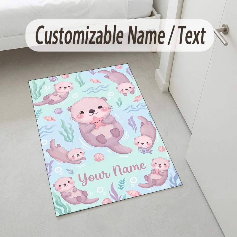 Ocean Otter Theme Soft Crystal Velvet Rug Custom Name & Text Print Non Slip Floor Rug for Bedroom Living Room