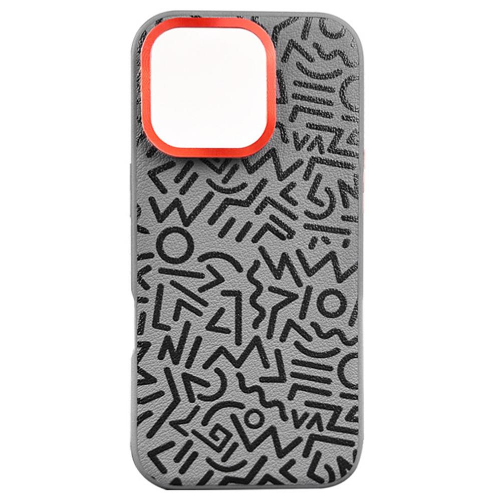 

For iPhone 16 Pro Case Pattern Graffiti PU+PC+TPU Phone Cover with Metal Lens Frame Grey