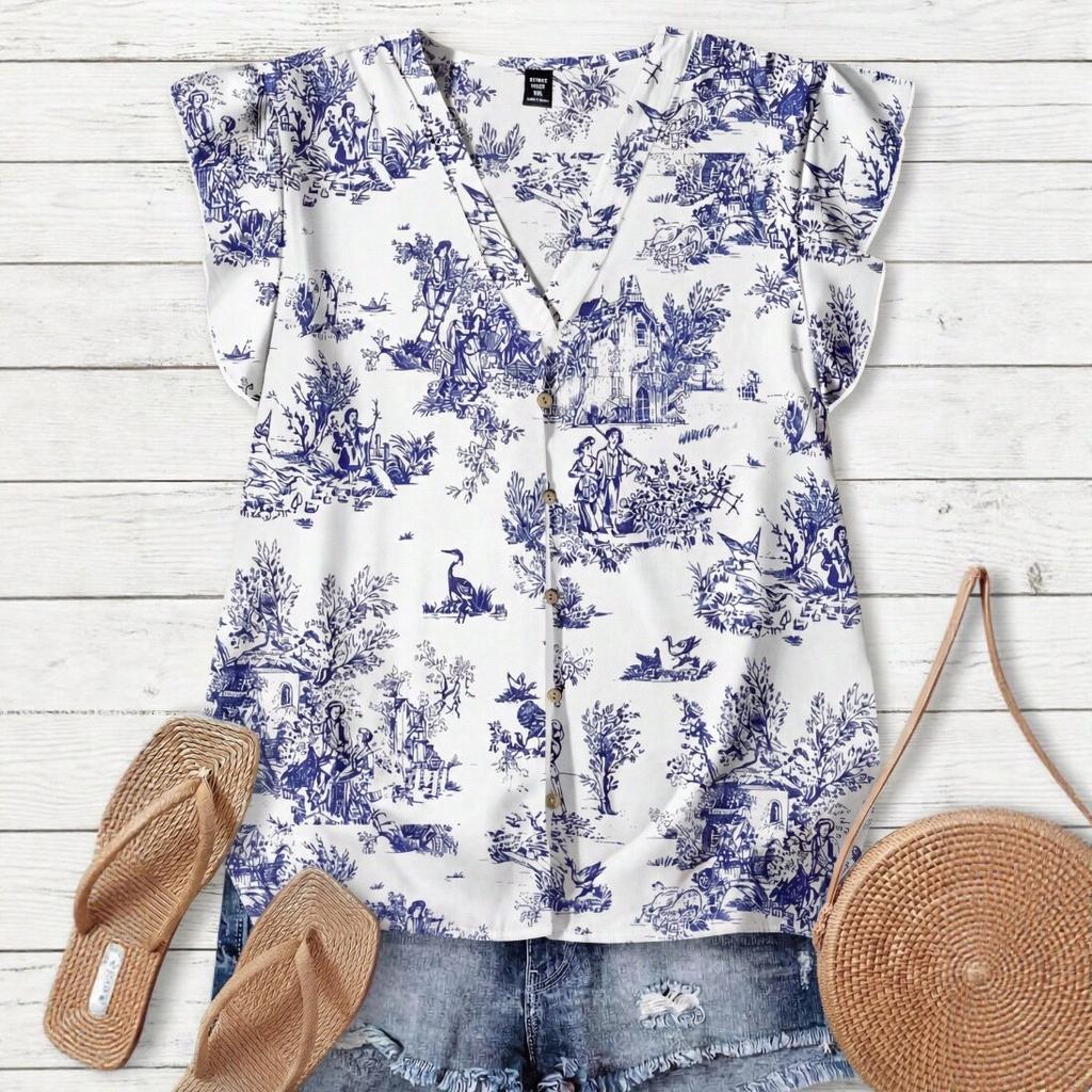 New Women's V-Neck Printed Shirt Short Sleeve Loose Casual European and American Style Fashion Versatile Top