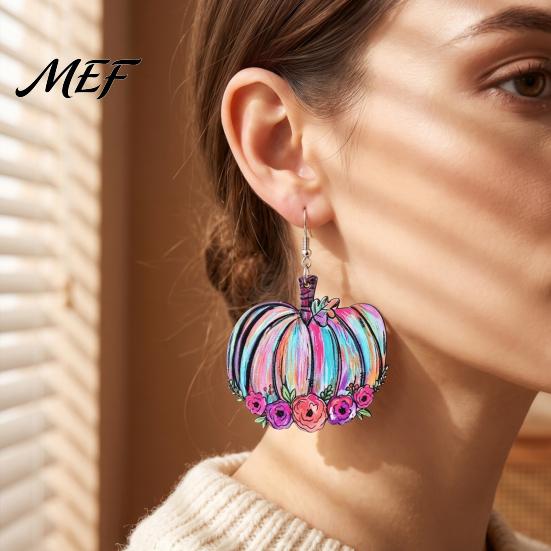 Retro Autumn Theme Ear Hooks 1 Pair Fall Pumpkin Earrings, Acrylic Leopard Print Dangle Fashionable Harvest Jewelry Drop Statement Thanksgiving