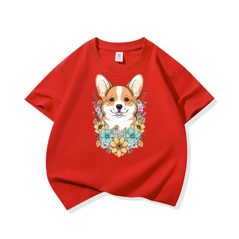 Welsh Corgi Surrounded Colorful Blooms Graphic Tee Kids 100 Cotton Crew Neck T Shirt Cute Puppy Print Short Sleeve Stylish Top