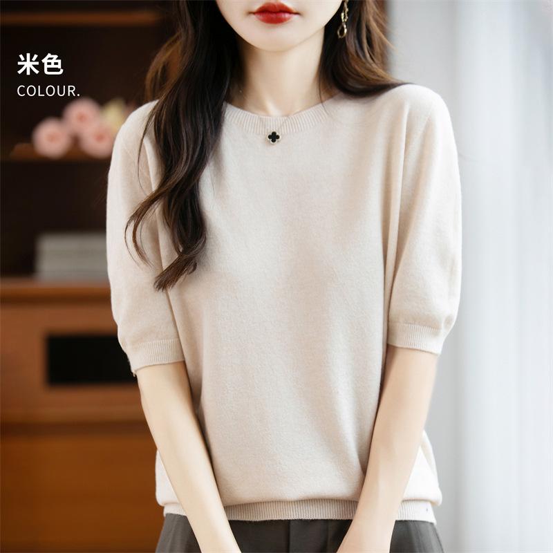 

Женский пуловер с коротким рукавом и круглым вырезом, тонкий вязаный свитер, футболка с рукавом до локтя, топ XXL бежевый