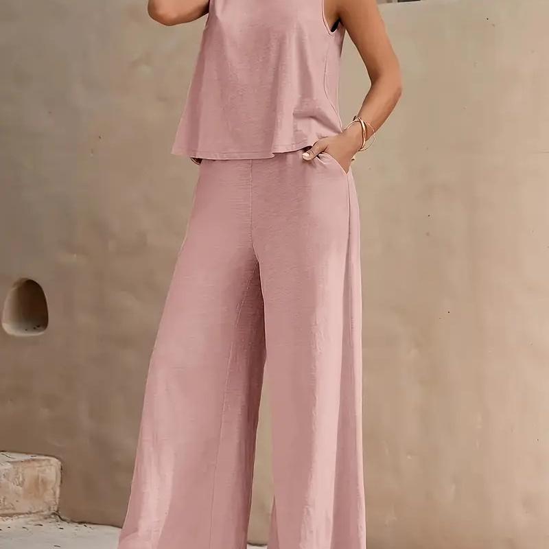 New Women's Sleeveless Vest And Trousers Two Piece Set Fashion Solid Color Two Piece Round Neck Top Pants Suit Casual Set
