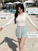 Women's Korean Style Slimming 3-Piece Swimsuit Set: Long Sleeve, Shorts, Sunscreen.