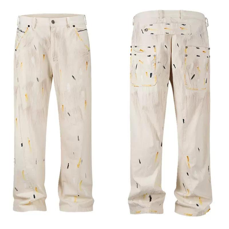 RogueWave High Street Straight Washed Dirty Ripped Blue Jeans Pants for Men Vintage Casual Loose Denim Trousers Frayed Patchwork Cargos