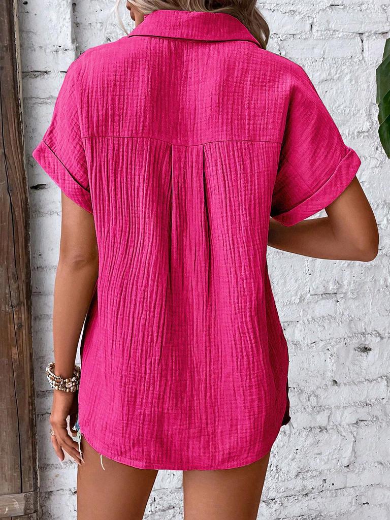 2024 Summer Women's Casual Solid Color Crinkle Fabric Batwing Sleeve Button-Down Shirt