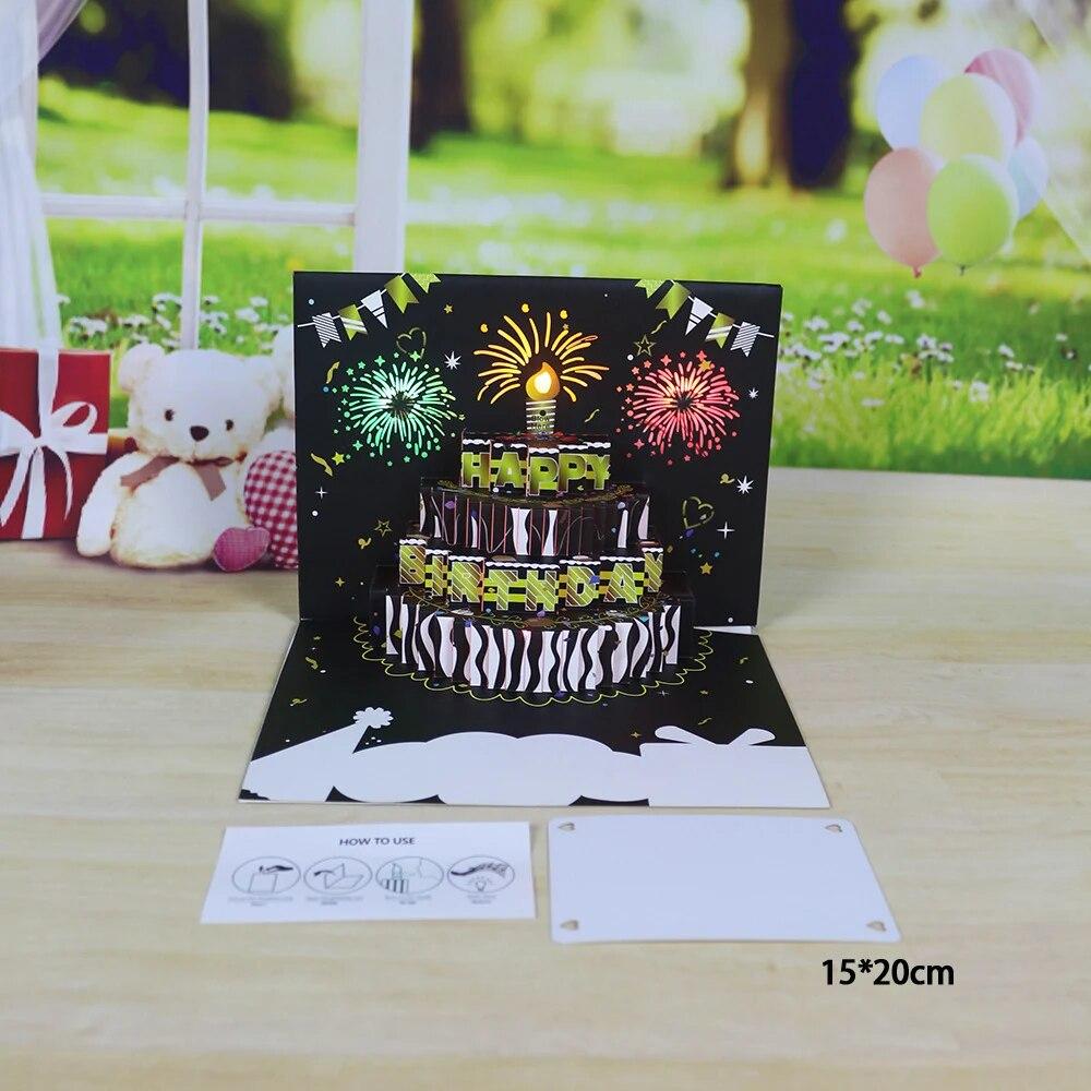 1pcHappy Birthday Card Fireworks 3D Pop Up Cake Light and Music Happy Birthday Card Gift Greeting Card for Husband Kids Wife Mom