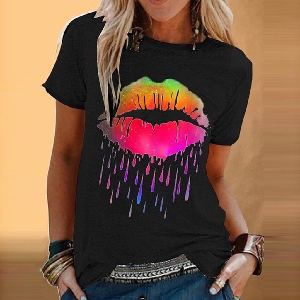 Fashion Women Casual Colorful Lip Print Short Sleeve  T-Shirt Blouses Tops