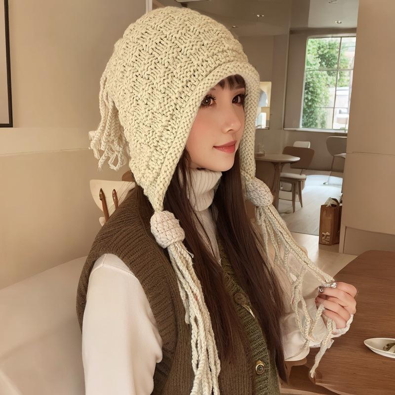 Winter Hat Women's New Niche Versatile Fringed Hand-knitted Pullover Wool Hat Ear Hat