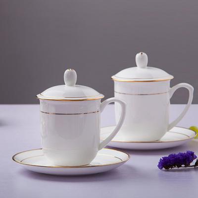400ML Jingdezhen Ceramic Teacup with Lid and Saucer Hand-painted Silver Edge 45% Bone China Water Cup Set Office Meeting Mugs