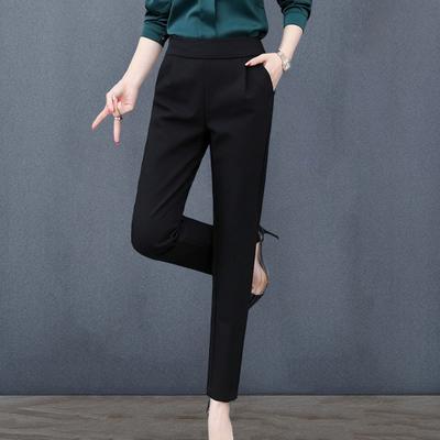 Mulheres cor sólida terno calças cintura alta elástico cintura bolsos inclinados ajuste fino casual calças compridas workwear
