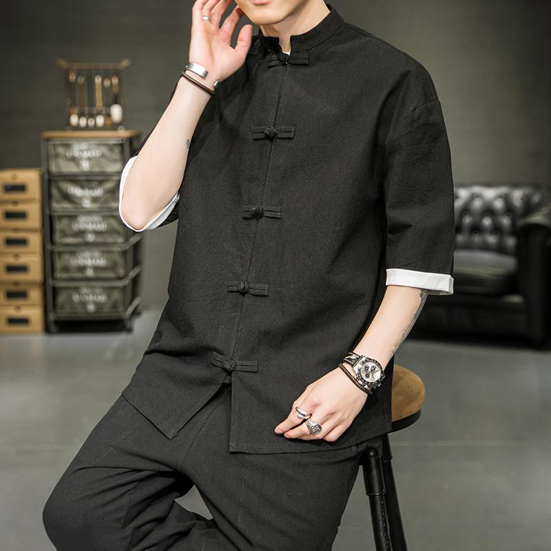 Men’s Summer Ice Silk Chinese Buttoned Short-Sleeve Tang Suit Shirt, Cotton-Linen Hanfu Zhongshan Retro Style