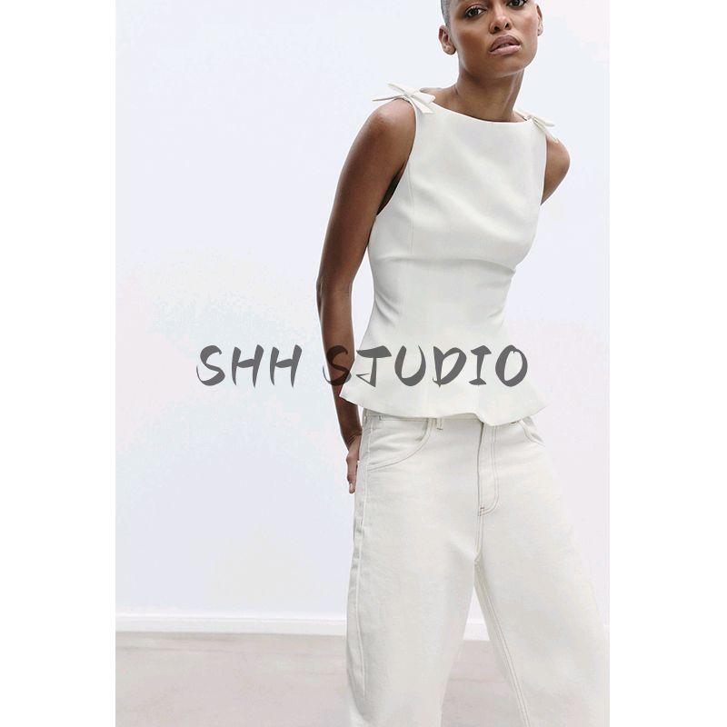 Spring and Summer New Women's Boat Neck Cropped Short Skirt Hem Bowknot Decoration Tops 2606777 2179777