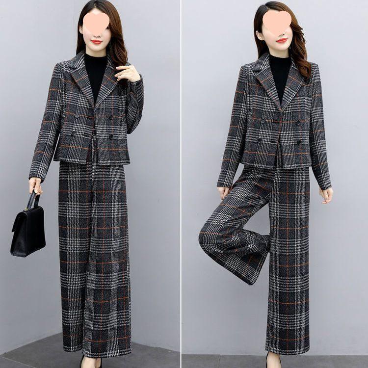 Women's Plus Size Wool Suit: Autumn/Winter 2025, Two-Piece Set with High-Waist Wide-Leg Pants