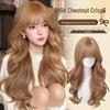 Korean Style Champagne Blonde Full Head Wig - Long Curly Hair with Blunt Bangs, Natural Seamless Fit, Big Waves, Light Gold Shade.