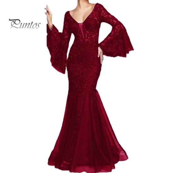 

Женское вечернее платье с V-образным вырезом, прозрачной кружевной вышивкой, расклешенными рукавами, бальное платье А-силуэта, подол «рыбий хвост», облегающее коктейльное вечернее платье, выпускной, банкетное платье макси L