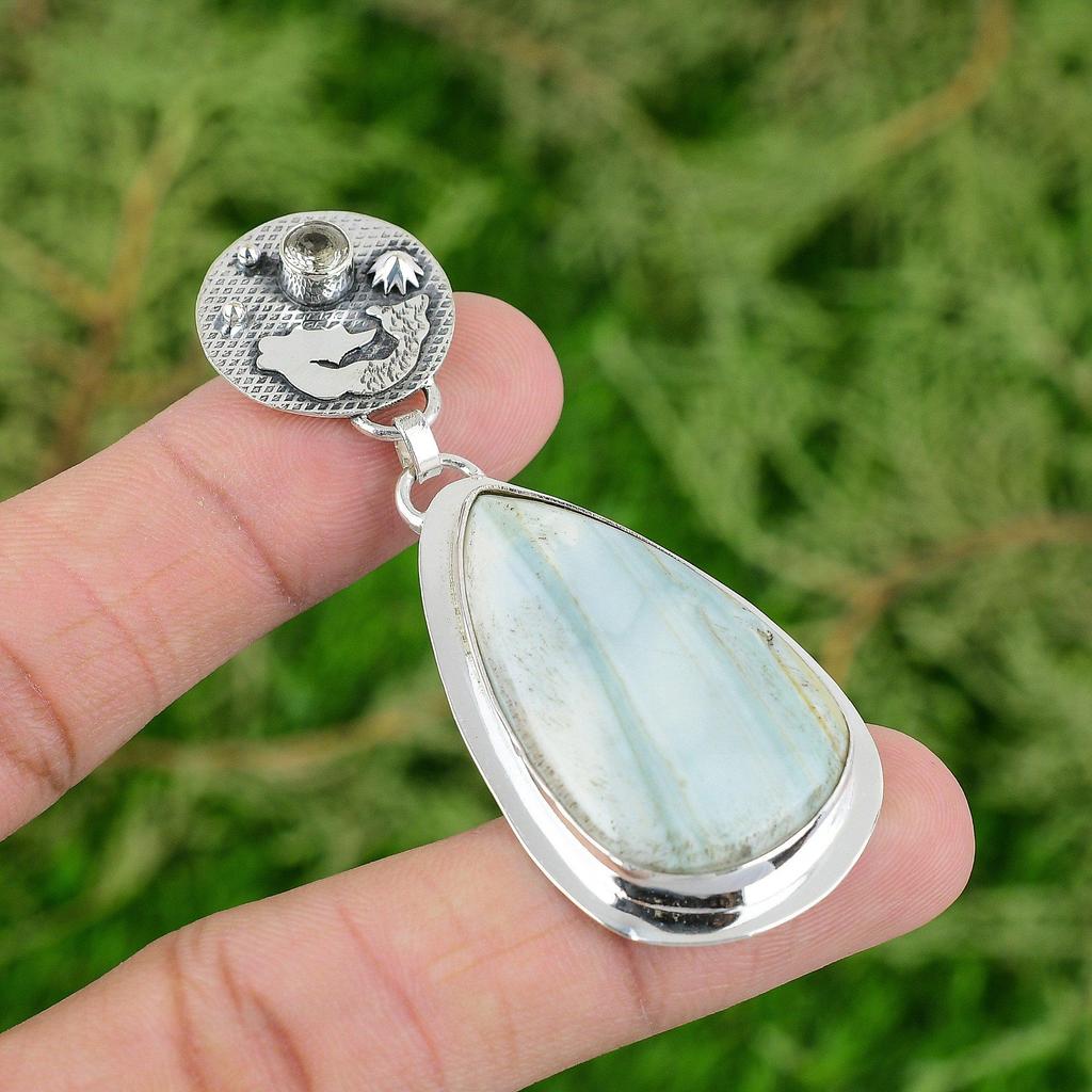 Sterling Silver Pear Blue Rhodochrosite Stone Green Amethyst New Mermaid Pendant