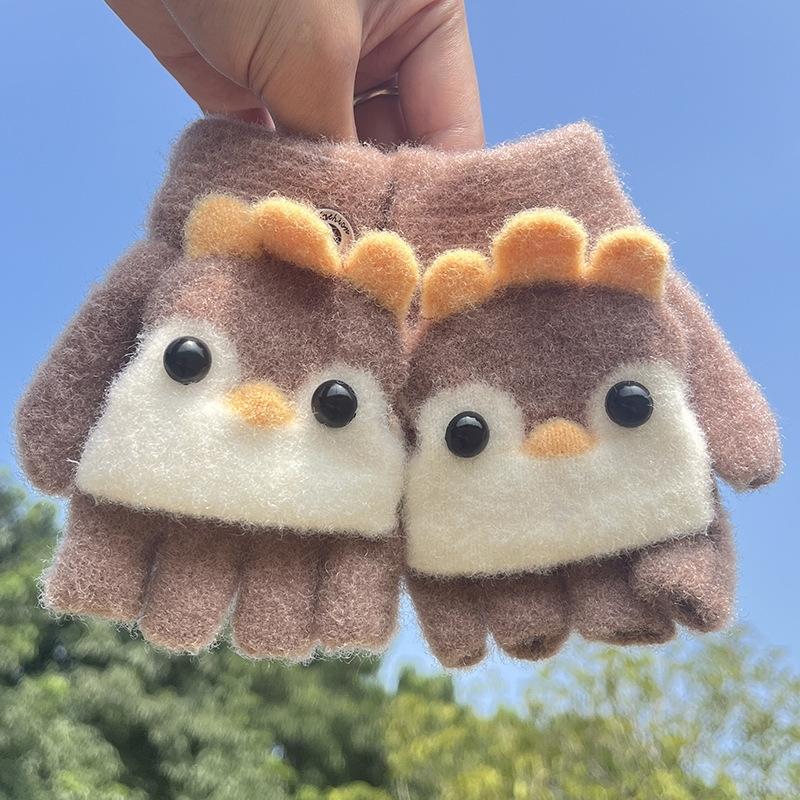 Children Five Finger Gloves Winter Boy Thickened Half Finger Mittens Girl Kid Knitted Mitten Winter Cartoon Warm Flip Gloves