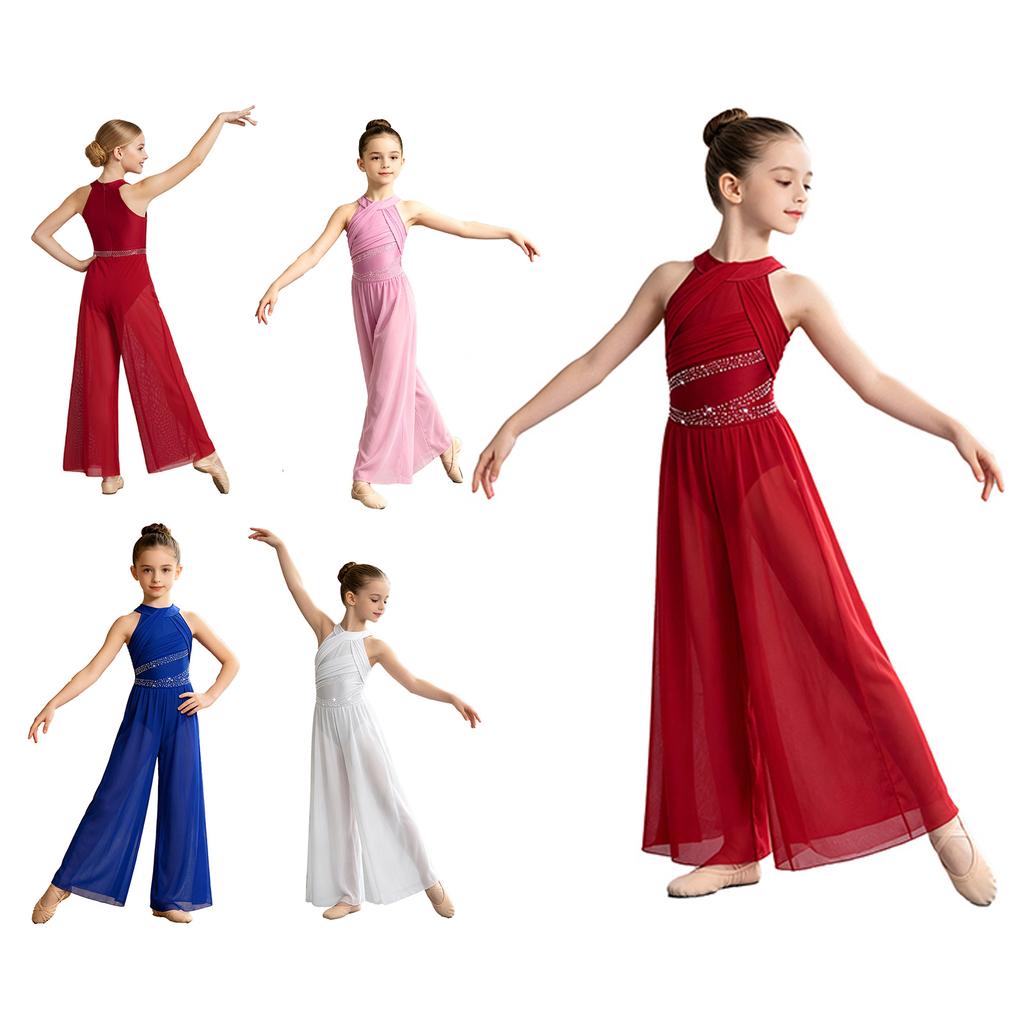 Girls Lyrical Dance Jumpsuit Sleeveless Invisible Zipper Back Shiny Rhinestone Ruched Mesh Bodysuit