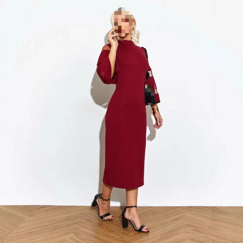 European and American Women's Solid Color Round Neck Flared Sleeve Hip Hugging Dress