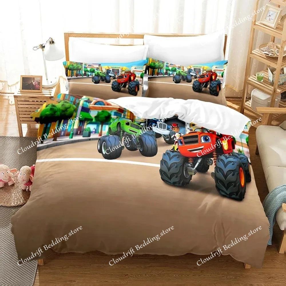 Set Letto Stampa 3D Blaze e le Mega Macchine Cartone Animato Copripiumino Matrimoniale Singolo Piazza e Mezza King Adulti Ragazzi Biancheria da Letto Copripiumino