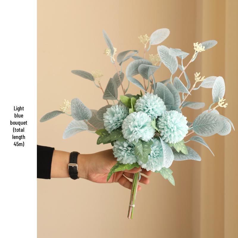Eucalyptus Ball Chrysanthemum Bouquet in Ceramic Vase - Artificial Dried Flowers for Living Room or Dining Table Decor
