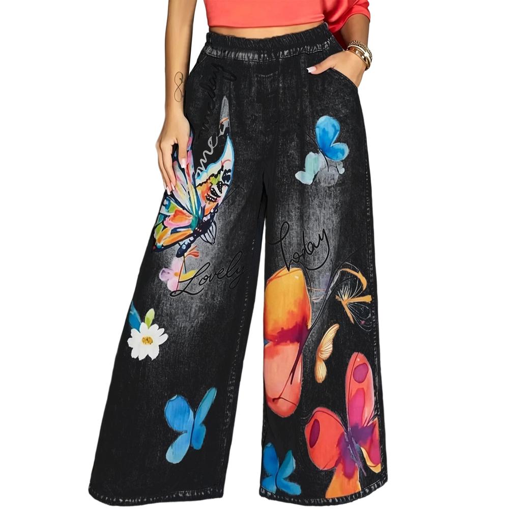 Women’s Casual Wide Leg Straight Pants with Floral and Butterfly Pattern Faux Denim Elastic Waistband Lightweight Trousers for Daily Wear